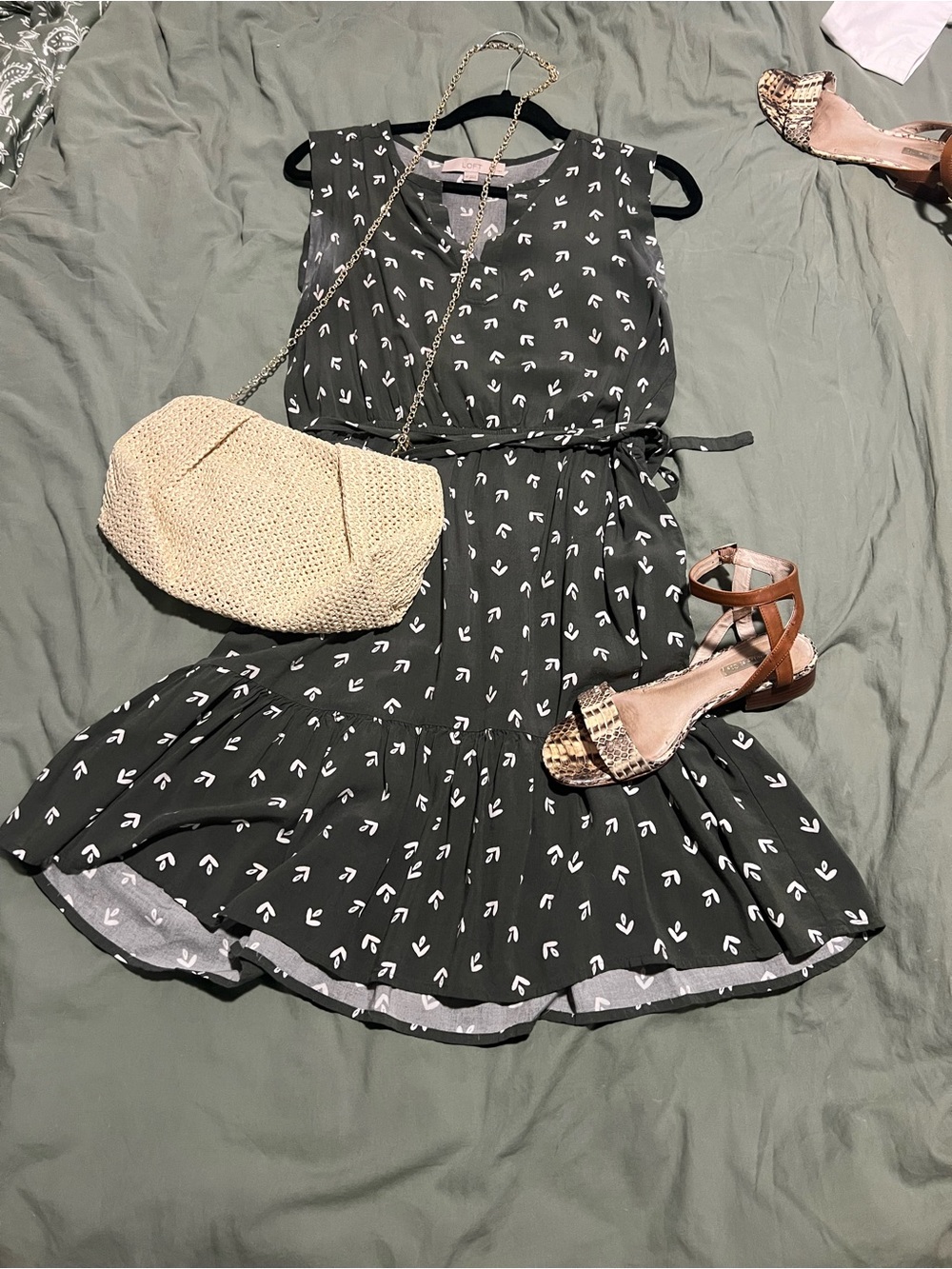 LOFT Black Sleeveless Tie-Waist Midi Dress with White Print